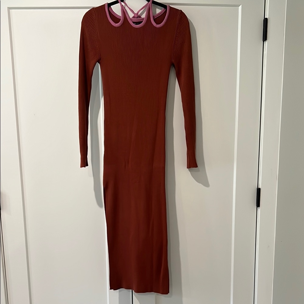 ASOS Brown Ribbed Long Sleeve Bodycon Dress